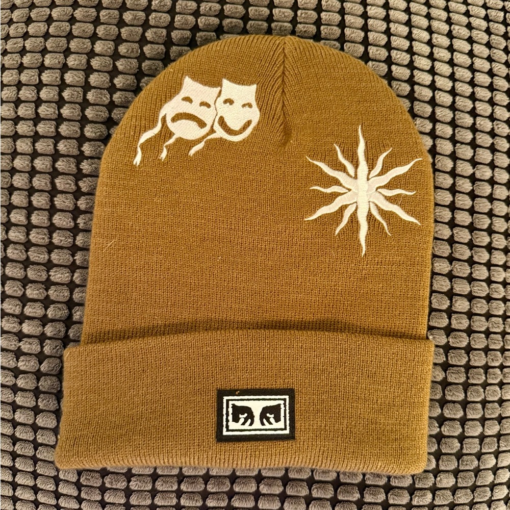 OBEY Icon Collection Tan Beanie with White Graphic